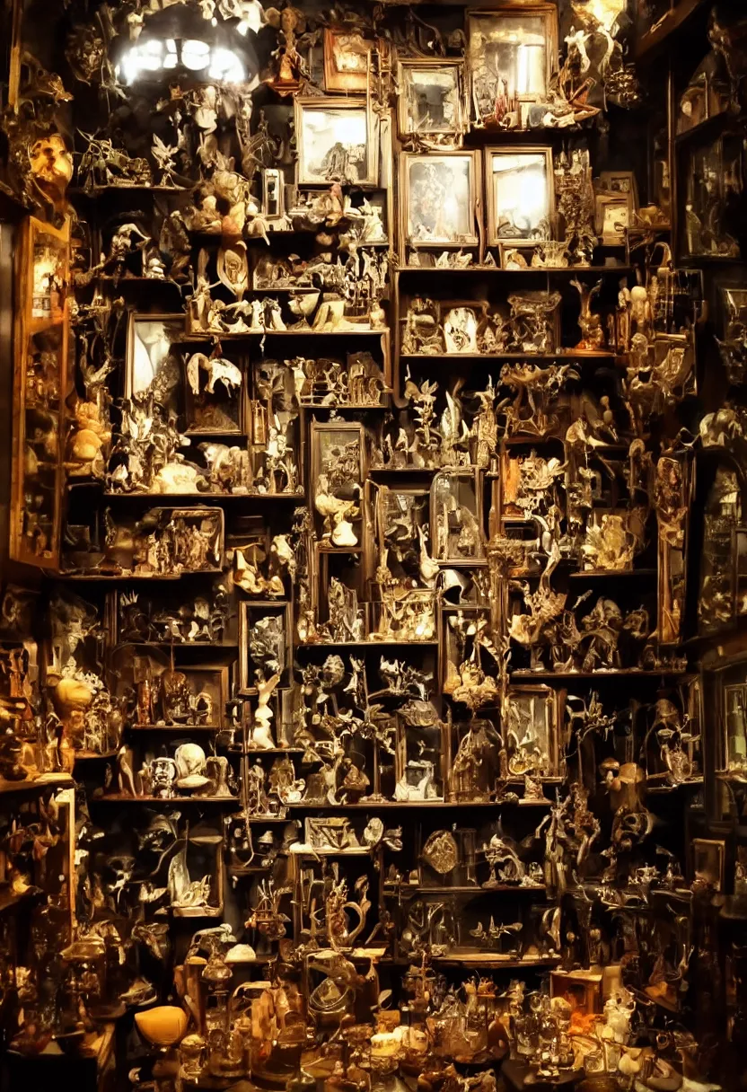 Prompt: wunderkammer, cabinet of curiosities, small dark corner, archway, small angle of view, taxidermy, desk, deep shadows, full color, dutch angle, dramatic lighting, gloomy, moody, creepy