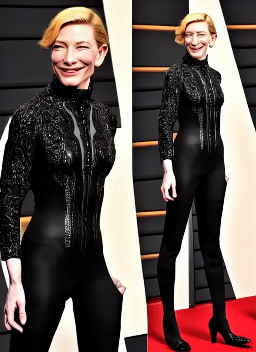 Image similar to beautiful stunning glorious high definition photograph of happy cate blanchett wearing a catsuit intricate, elegant, highly detailed, smooth, sharp focus,