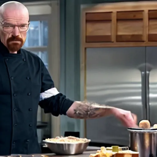 Image similar to a still of walter white competing on the cooking show chopped, still