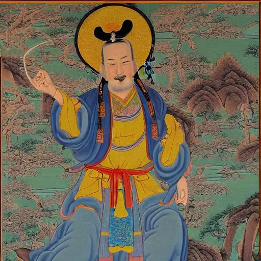 Prompt: chinese taoist saint, yongle palace mural painting style, by wu daozi,