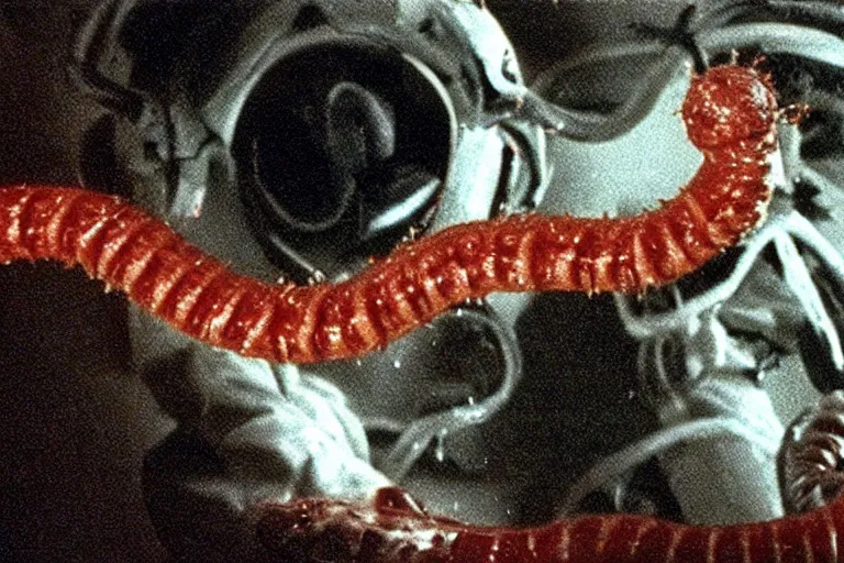 Image similar to filmic closeup slight motion blur movie still 35mm film color photograph of a doctor getting his face torn and mutilated by a dangerous spined bundle of alien worms coming from off camera, blood flying in the air, in the style of a 1982 horror film