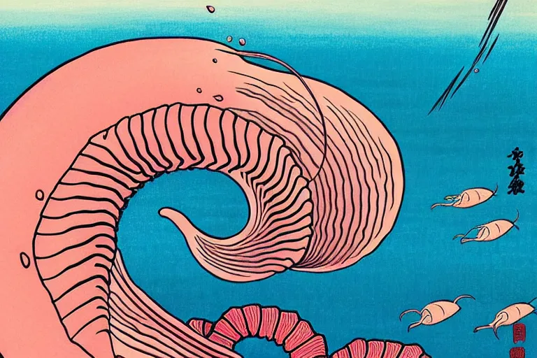 Image similar to ukiyoe painting of in a cambrian era ocean swims a nautilus above pink sand, trending on artstation