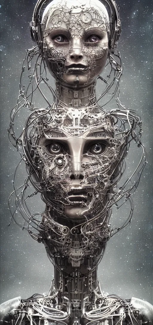 Image similar to female robot pilot, mechanical creature, electronic wires relays computer nerves, girl face, dystopian surrealism, alex ries zdzisław beksinski giger, very intricate details, demon chinese female, deep luminous eyes contain galaxies, head contains nebula, deep aesthetic, concept art, carved silver circuits diodes resistors semiconductors, highly ornate