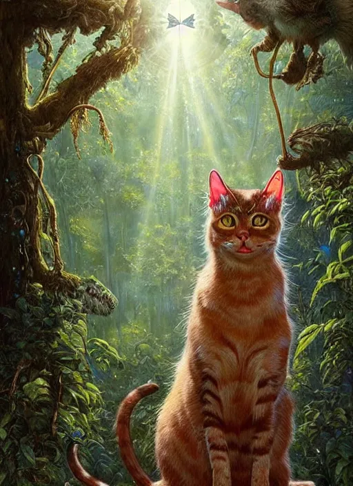 Image similar to a hyper realistic cat god with happy lighting and technology jewelry in the woods gorgeous lighting, sunbeams blue sky, lush forest foliage painting by chiara bautista and beksinski and norman rockwell and greg rutkowski weta studio, and lucasfilm