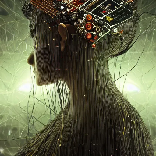 Image similar to give me a higher love, piles of modular synth cables, goddess swimming up wearing a headpiece made of circuit boards, by cameron gray, wlop, stanley kubrick, masamune, hideki anno, unique perspective, trending on artstation, 3 d render, vivid