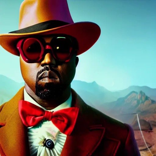 Image similar to Kanye West as willy wonka in fallout new vegas, splash art, movie still, cinematic lighting, dramatic, octane render, long lens, shallow depth of field, bokeh, anamorphic lens flare, 8k, hyper detailed, 35mm film grain