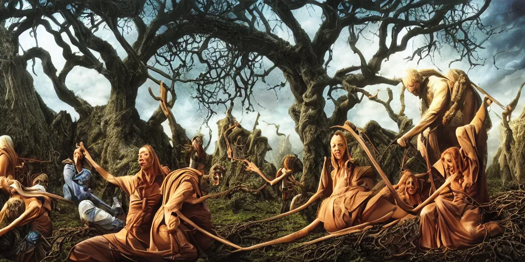 Image similar to messengers mourning for the rotten and slashed tree Michael Whelan by Jeff Easley photorealistic by Edmonia Lewis, cinematic, coherent, realistic faces, clear, detailed, intricate, dramatic lighting, establishing shot, 8k resolution