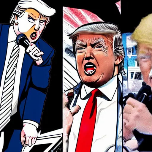 Prompt: Donald trump, a singer in a heavy metal band in a manga by akira and Miyazaki