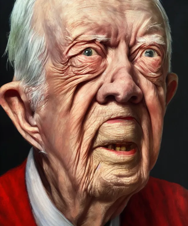 Prompt: hyperrealistic close up studio portrait of aging old Jimmy Carter age 103 wrinkled sorrowful, oil painting by Ivan Albright and Lucian Freud and Ron Mueck, trending on artstation Studio lighting hyperrealism