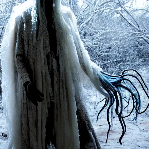 Prompt: humanoid ethereal ghostly live action muppet wraith like figure with a portuguese man o war head with two very long tentacles for arms that flow gracefully at its sides with a long fuzzy snake tail for legs, it stalks around the frozen tundra searching for lost souls and that hide in the shadows in the trees, this character can control the ice, snow, shadows, and electricity, it is a real muppet by sesame street, photo realistic, real, realistic, felt, stopmotion, photography, sesame street
