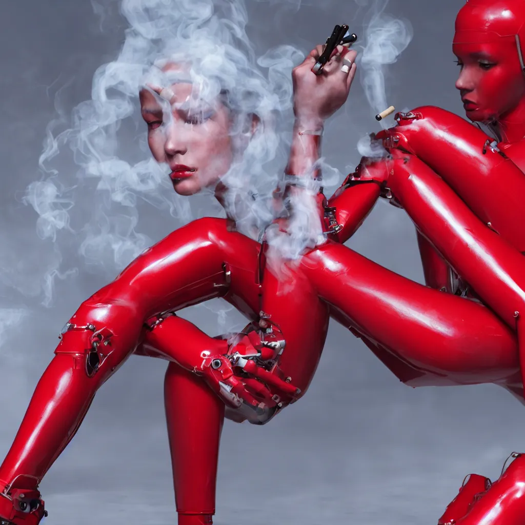 Prompt: a beautiful female cyborg is wearing red latex jumpsuit, sitting down smoking a cigarette, as her mechanical body is slowly shutting down. hyper realistic, octane render, 8 k resolution