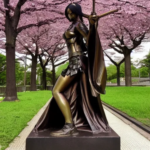 Image similar to bronze statue of a cyberpunk anime woman with an umbrella and a samurai sword kneeling next to a cherry blossom tree