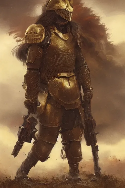 Prompt: a british longhair sodier with armor in the war, warm color, mini golden detail in the armor by alessio albi and greg rutkowski