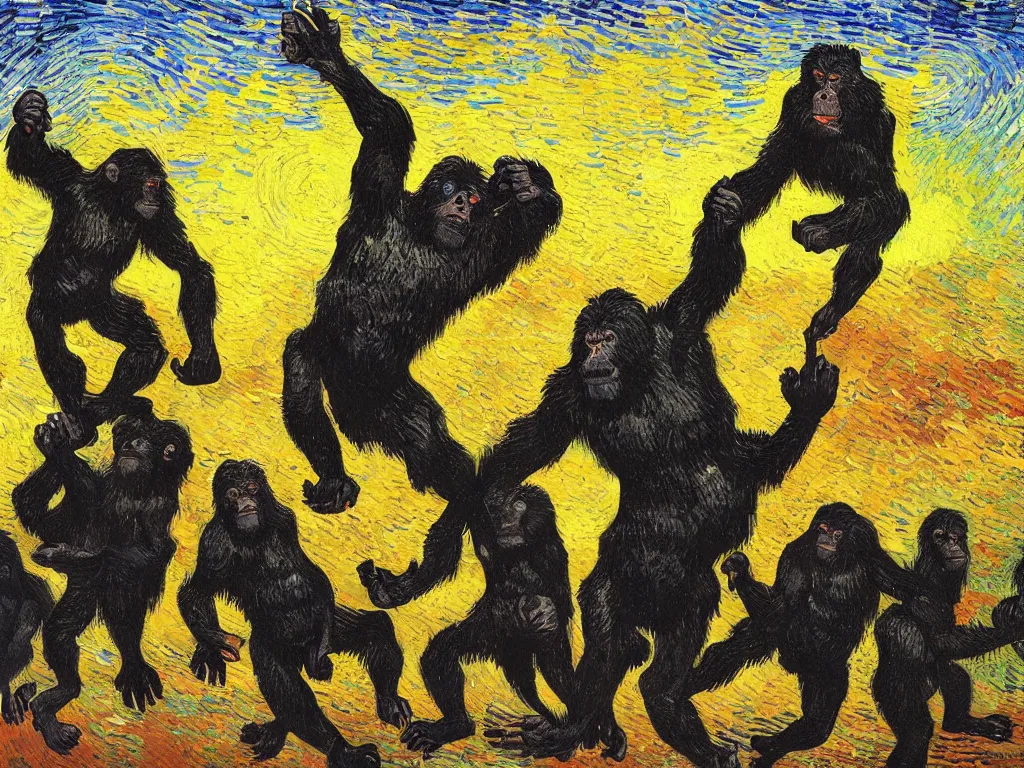 Prompt: bright beautiful oil painting of primitive apes throwing bones at a giant black monolith at dawn, light scatter, van gogh