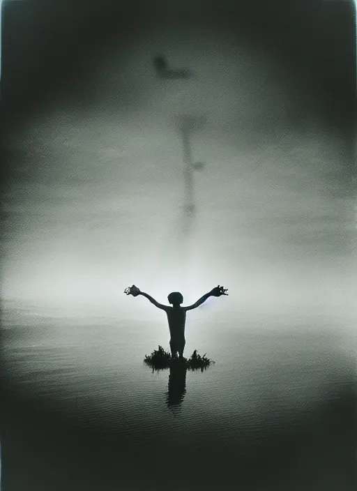 Prompt: “semitranslucent smiling frog vertically hovering over misty lake waters in crucifix pose, low angle, long cinematic shot by Andrei Tarkovsky, paranormal, eerie, mystical”