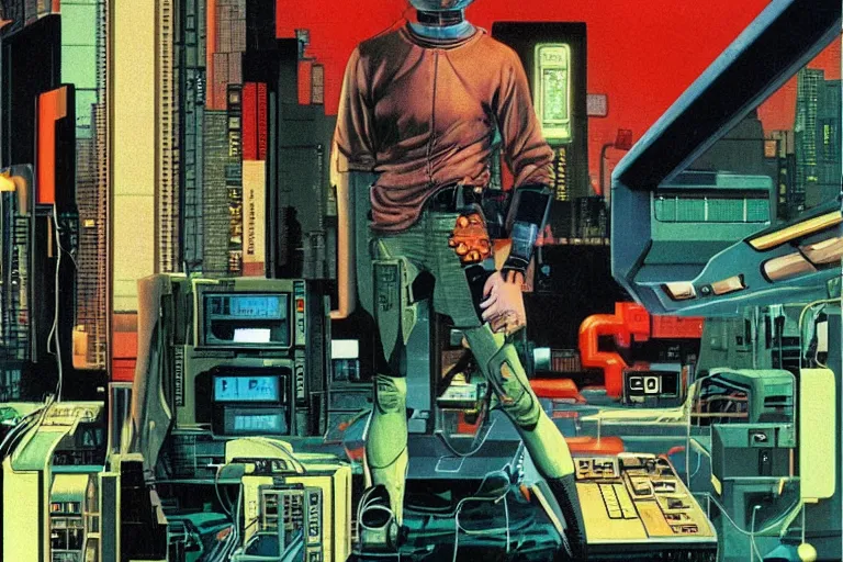 Image similar to 1979 OMNI Magazine Cover depicting a man hooked up to large computer banks. Cyberpunk Akira style by Vincent Di Fate