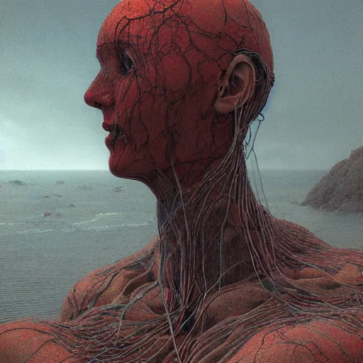 Prompt: face portrait, rocky shore, woman, wrapped around by veins, veiled face, glowing red, by edgar maxence and ross tran, zdzisław beksinski, and michael whelan, distant, gustav dore, h. r. giger, 8 k, octane render