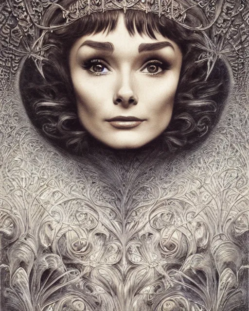 Prompt: matte painting portrait shot, beautiful audrey hepburn, gothic detailed and intricate by jean delville, gustave dore and marco mazzoni, art nouveau, symbolist, visionary, gothic, pre - raphaelite