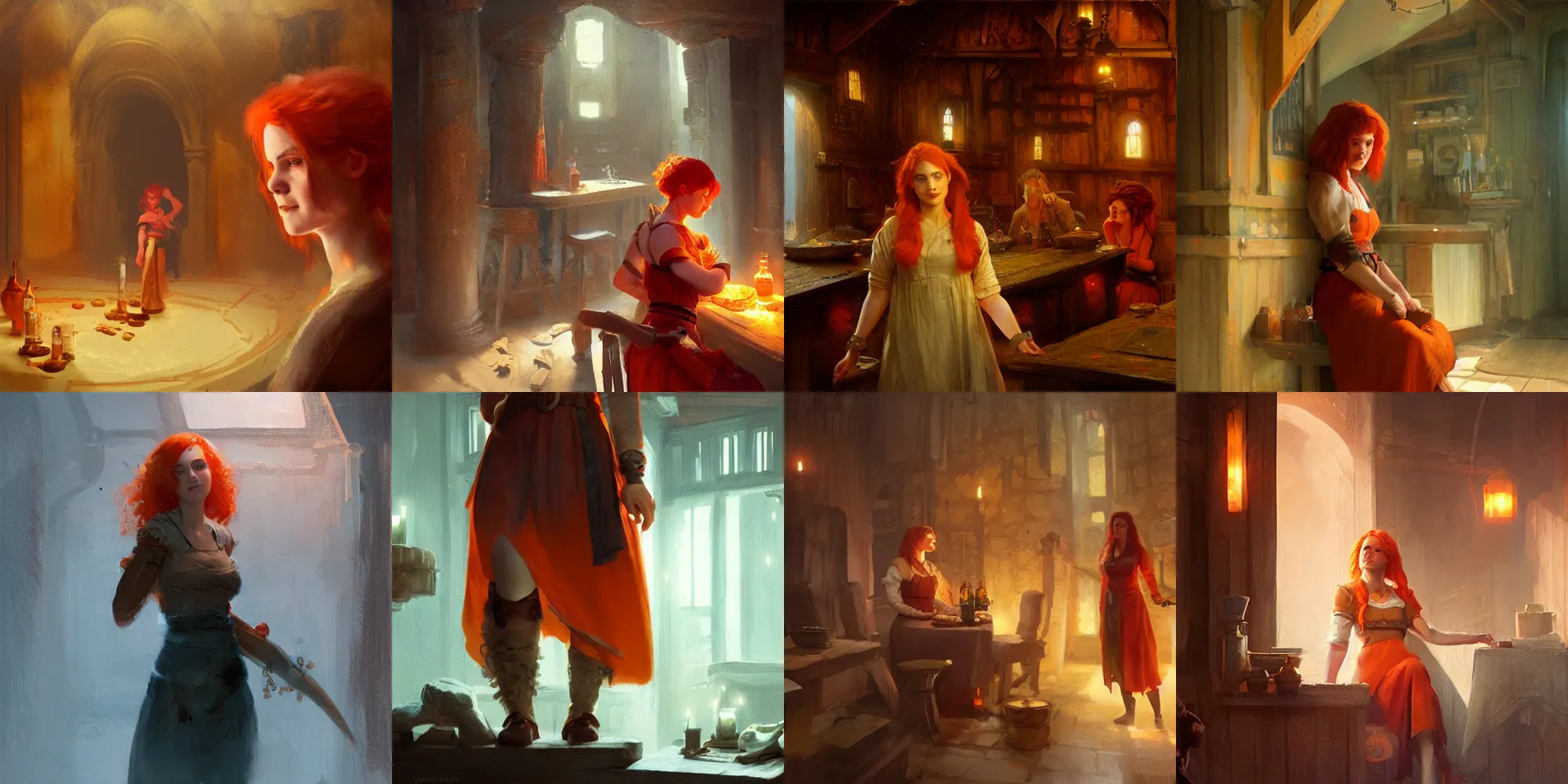 Prompt: young Natalie Postman as an orange-red haired a innkeeper in a tavern, fantasy concept art by Greg Rutkowski