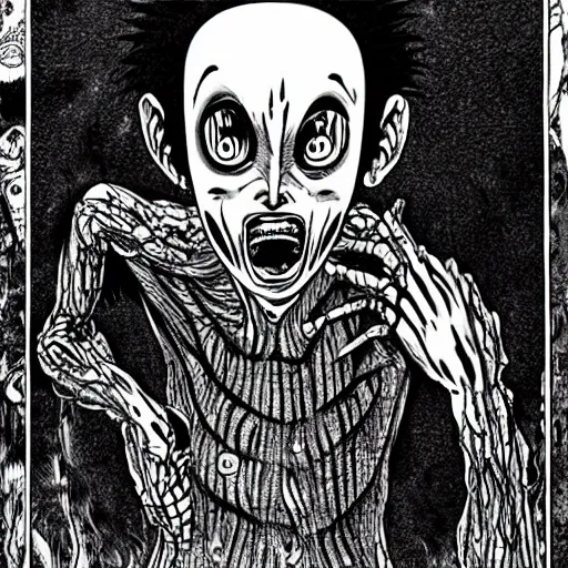 Image similar to manga panel, junji ito, body horror, terrifying, nightmare fuel,