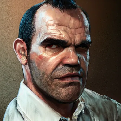 Prompt: commission portrait of trevor philips from the game gta v,character design by charles bowater,greg rutkowski,ross tran,hyperdetailed,hyperrealistic,4k,deviantart,artstation,professional photography,concept art