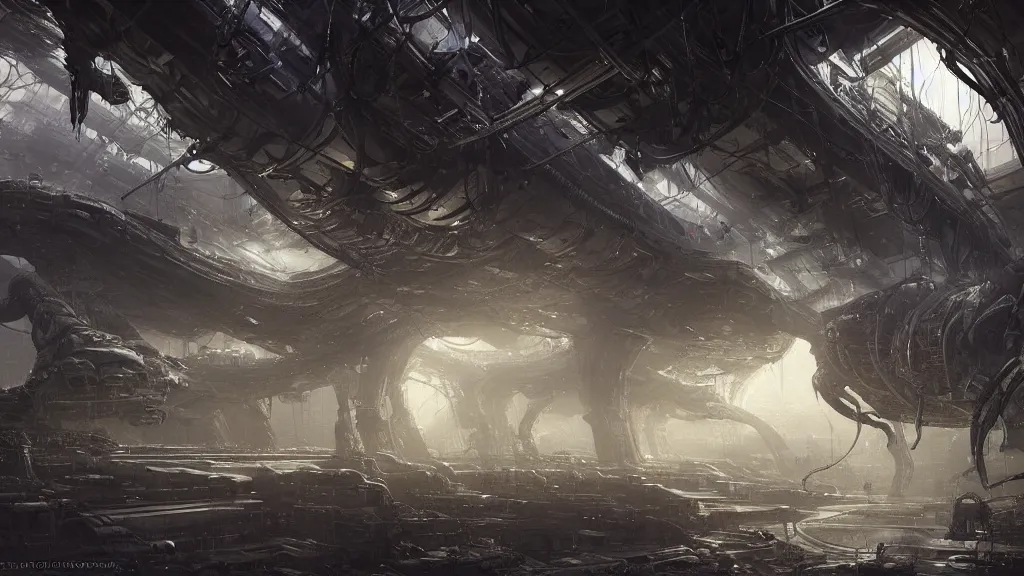 Image similar to a Photorealistic dramatic hyperrealistic,hyper detailed render by Greg Rutkowski,Craig Mullins,Nicolas Bouvier SPARTH, Juan Gimenez,Enki Bilal,ILM of an Epic Sci-Fi, Gigantic Alien xenomorph spaceship inside huge interior hangar,intricate bio mechanical surface details,many tubes and cables hanging from the ceiling,Beautiful dynamic dramatic dark moody lighting,contrast and shadows,Volumetric,Cinematic Atmosphere,Octane Render,Artstation,8k