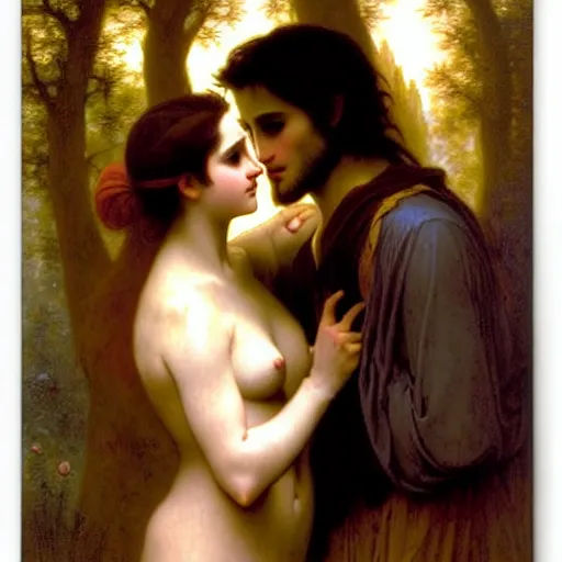 Image similar to twilight portrait of edward and bella in ancient forest by william - adolphe bouguereau in the style of gaston bussiere, art nouveau