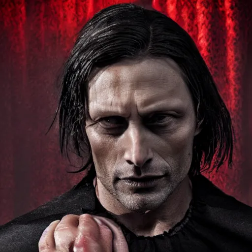 Image similar to mads mikkelsen as a vampire, male, late - 4 0 s aged, shoulder length hair, slicked black hair, red eyes, clean shaven, wearing a cape, regal, royal, grim facial expression, high medieval fantasy, full color digital art, cinematic shot, full body shot.