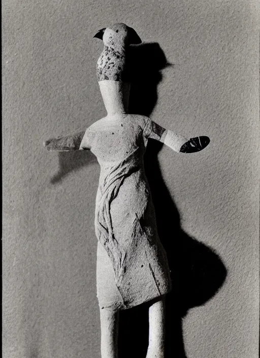 Image similar to realistic photo of a a girl with a pigeons, ancient sculpture doll made of white clay and black brushwood, greyscale grain 1 9 6 0, life magazine photo, natural colors, metropolitan museum, kodak