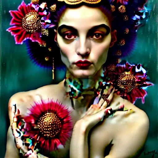 Image similar to dynamic composition, a painting of a woman with hair of flowers and raven plummage wearing ornate earrings, a surrealist painting by tom bagshaw and jacek yerga and tamara de lempicka and jesse king, featured on cgsociety, pop surrealism, surrealist, dramatic lighting, wiccan, pre - raphaelite, ornate gilded details