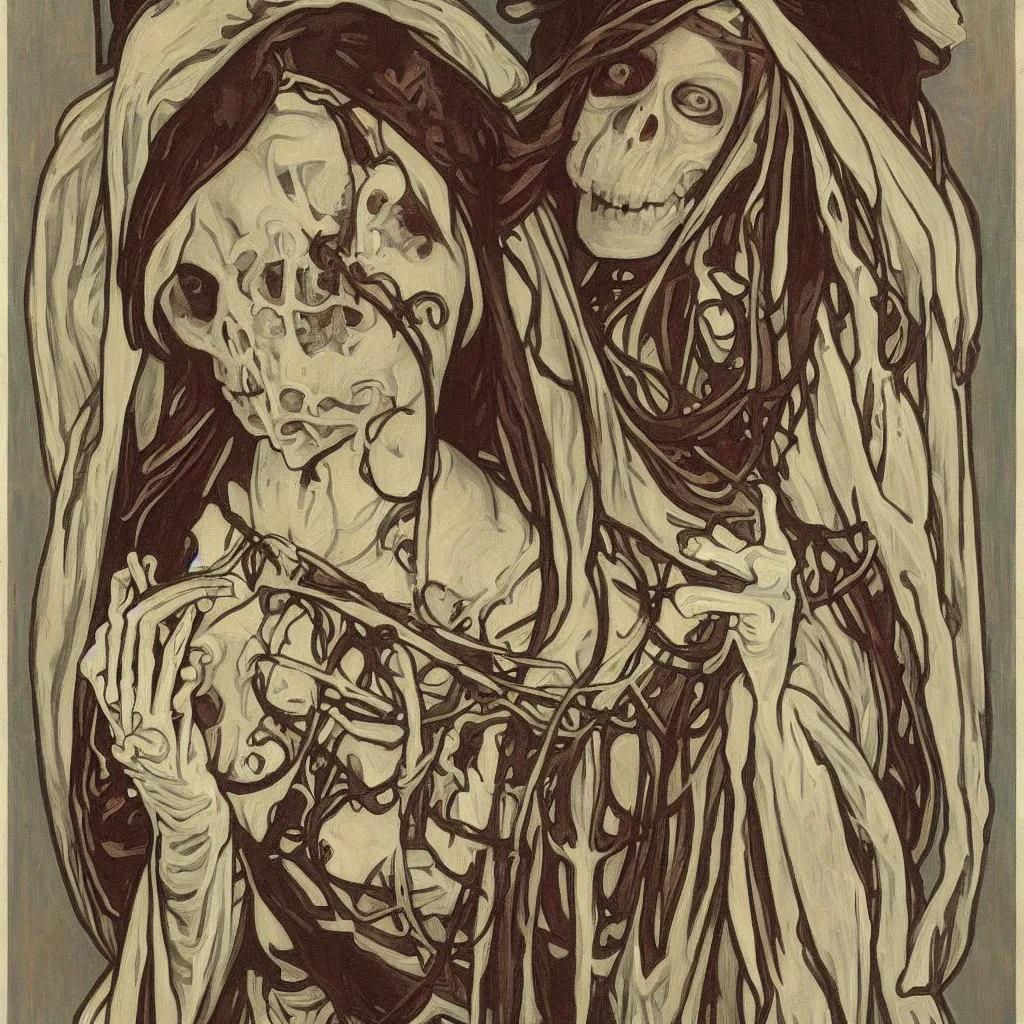 Prompt: a portrait of a skeleton nun in the style of Alphonse Mucha,Realistic style,oil on canvas