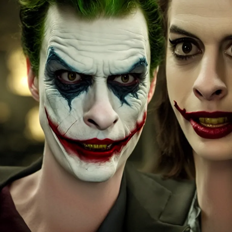 Prompt: anne hathaway as the joker, movie still, 8 k, hdr, atmospheric lighting