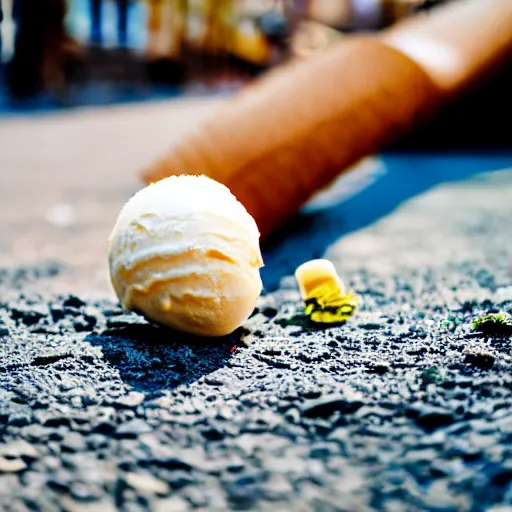 Image similar to detailed color photograph of a levitating ice cream cone with hairy, wriggling spider legs. shallow depth - of - field. dramatic light.