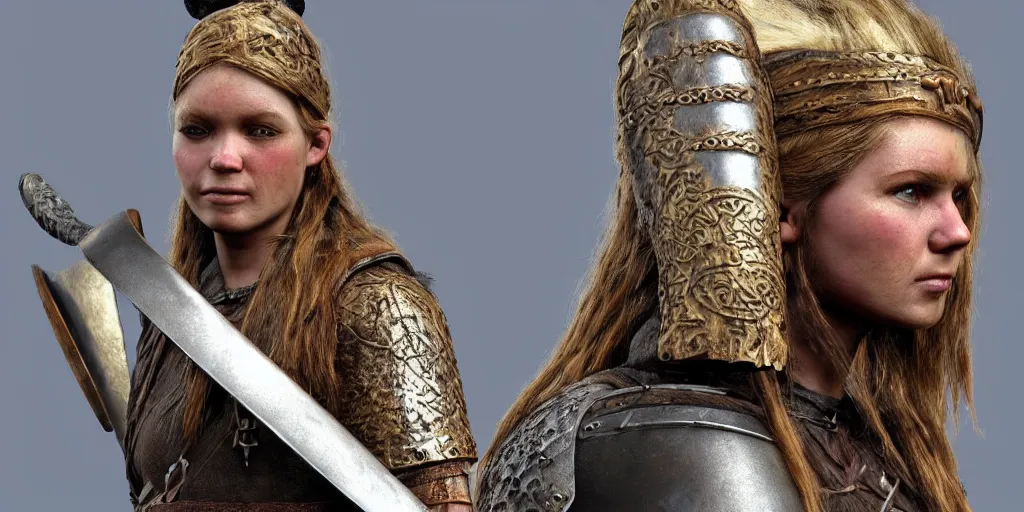 Image similar to a beautiful viking female warrior, realistic, highly detailed.