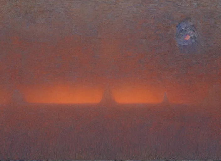 Image similar to a haunting landscape with wandering blobby orange wraiths, painting by jean delville,