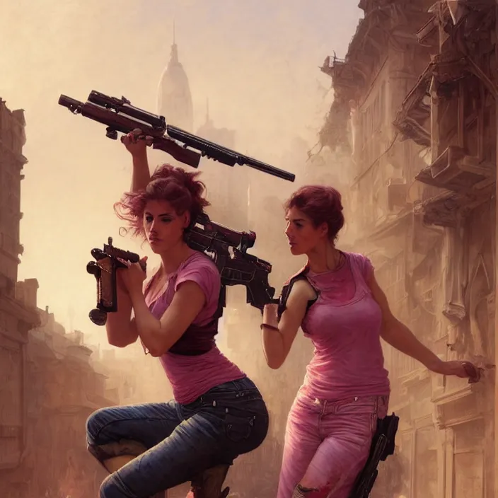 Prompt: an woman with a pink t shirt and bloody jeans holding an assault shotgun, apocalyptic city backround, goddess, intricate, elegant, highly detailed, digital painting, artstation, concept art, smooth, sharp focus, illustration, art by artgerm and greg rutkowski and alphonse mucha and william - adolphe bouguereau