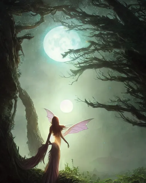 Image similar to attractive fairy goddness fly high in the night, d & d, fantasy, mist, full moon in background, trees, hyper detailed, art by artgerm and greg rutkowski and magali villeneuve, midium shot, 8 k realistic, cryengine, digital painting, trending on artstation, concept art, sharp focus, illustration,