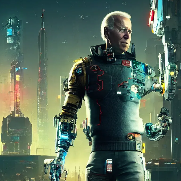 Image similar to joe biden as a cyborg in cyberpunk 2 0 7 7, technological, movie footage, high - tech, still frame