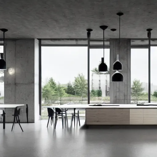 Prompt: brutalist open kitchen, big windows, showing trees landscape on background, minimalist architecture, minimalist furniture, octane render, high quality, 8 k, post production