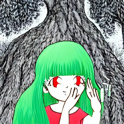 Prompt: a girl with green hair making friends with a dust bunny in the woods in the style of Fujita Tsuguharu w 750