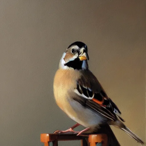 Image similar to an oil paiting of a sparrow perched on a chair, highly detailed, oleo, artstation, sharp focus, by diego velazquez