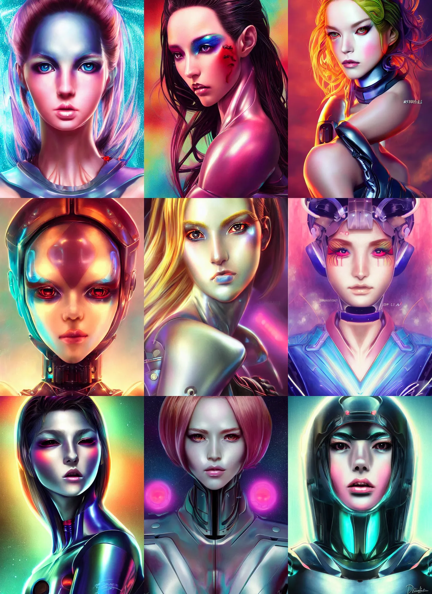 Prompt: beautiful anime female android portrait with sci - fi makeup, chromatic skin, retro armor, eighties look, beautiful lights, vintage look, depth of field, gradients, hyper realistic, illustration, airbrush, 8 k, intricate, duo tone, art by david la chapelle and philip castle, artgerm