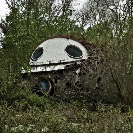 Prompt: abandoned spaceship deteriorating and overgrown