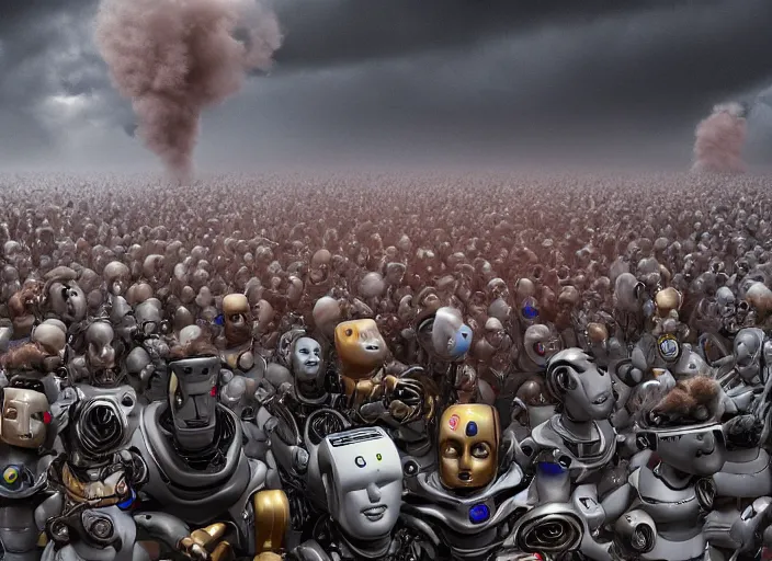 Prompt: crowd of robots spread around tornado hyperrealistic artstation fx