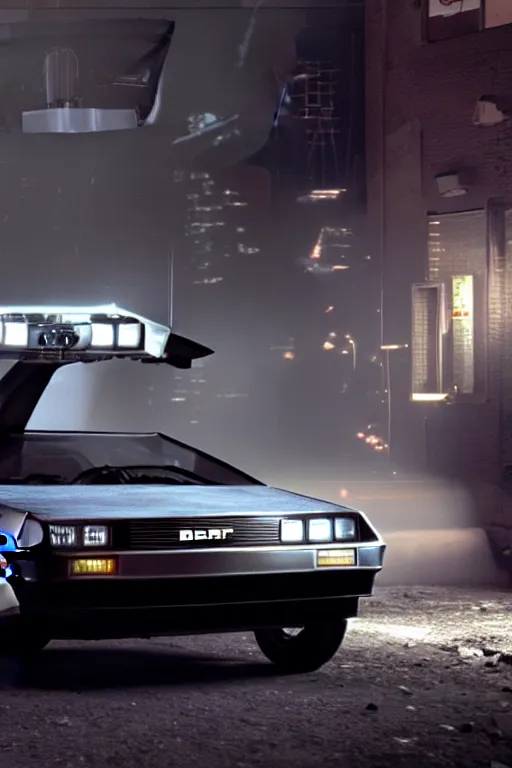 Image similar to photograph of the delorean from back to the future in half life 2, dark room, cinematic, volumetric lighting, hyperdetailed photograph