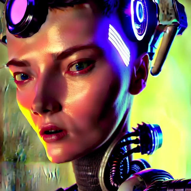 Prompt: hyperrealistic mixed media portrait of a female retrofuturistic cyber punk with a pixie cut, stunning 3d render inspired art by P. Craig Russell and Barry Windsor-Smith + perfect facial symmetry + dim volumetric lighting, 8k octane beautifully detailed render, post-processing, extremely hyperdetailed, intricate futuristic mechanic parts, epic composition, grim yet sparkling atmosphere, cinematic lighting + masterpiece, trending on artstation