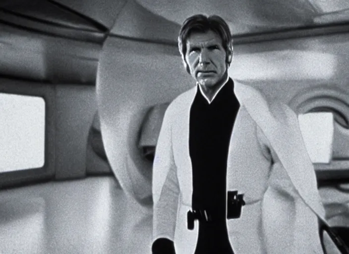 Prompt: screenshot of Harrison Ford dressed up as an imperial officer, iconic scene from 1970s spy thriller film directed by Stanley Kubrick, in a sci-fi shipping port, last jedi, 4k HD, cinematic lighting, beautiful portraits of Han, moody, stunning cinematography, anamorphic lenses, kodak color film stock