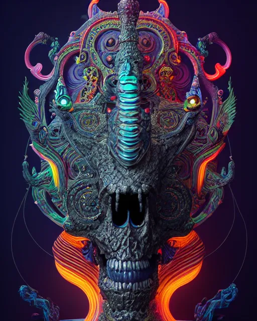 Image similar to 3 d ornate carved dark cosmic nomad with profile portrait, sigma 5 0 0 mm f / 5. beautiful intricate highly detailed quetzalcoatl skull. bioluminescent, plasma, lava, ice, water, wind, creature, thunderstorm! artwork by tooth wu and wlop and beeple and greg rutkowski, 8 k trending on artstation