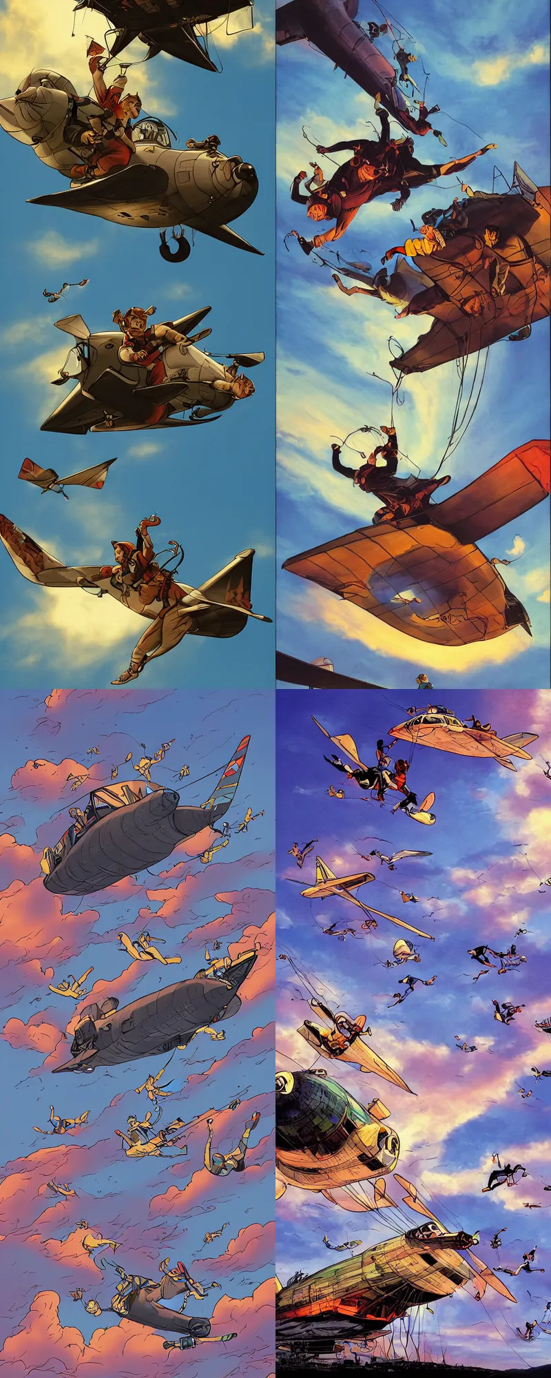Prompt: Cats skydiving from an airship at dusk, comic book, glossy finish, bright colors, dark lines, 8k