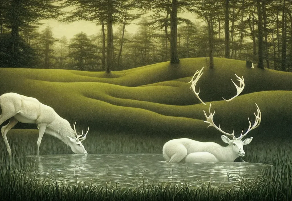 Image similar to hyper detailed 3d render like a Oil painting - white stag drinking from a silvery pool in a peaceful lush meadow, by Jacek Yerka, Mariusz Lewandowski, Houdini algorithmic generative render, Abstract brush strokes, Masterpiece, Edward Hopper and James Gilleard, Zdzislaw Beksinski, Mark Ryden, Wolfgang Lettl, hints of Yayoi Kasuma, octane render, 8k